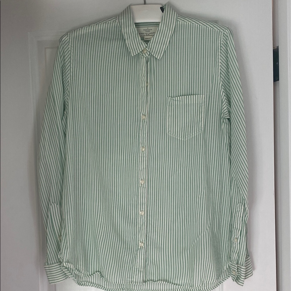 Trovata Bird of Paradis Green White Stripe Button Down Shirt Medium